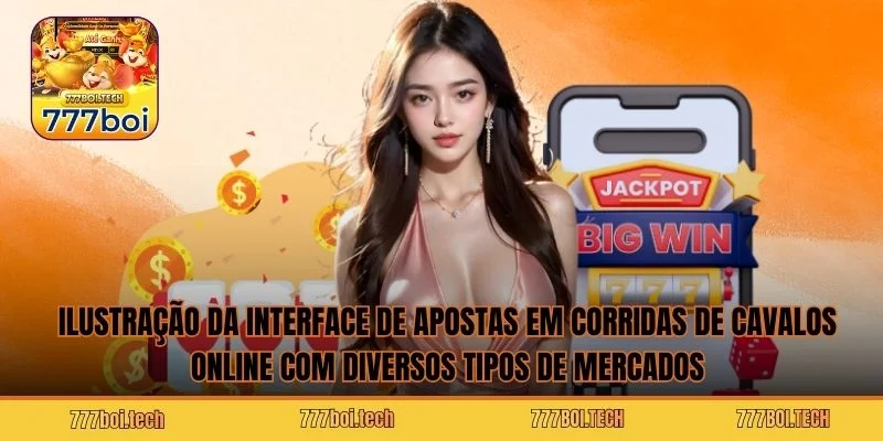Ilustração da interface de apostas em corridas de cavalos online com diversos tipos de mercados